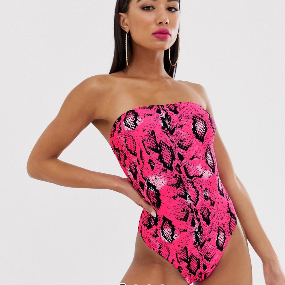 ASOS strapless one piece swimsuit in pink neon snake print
